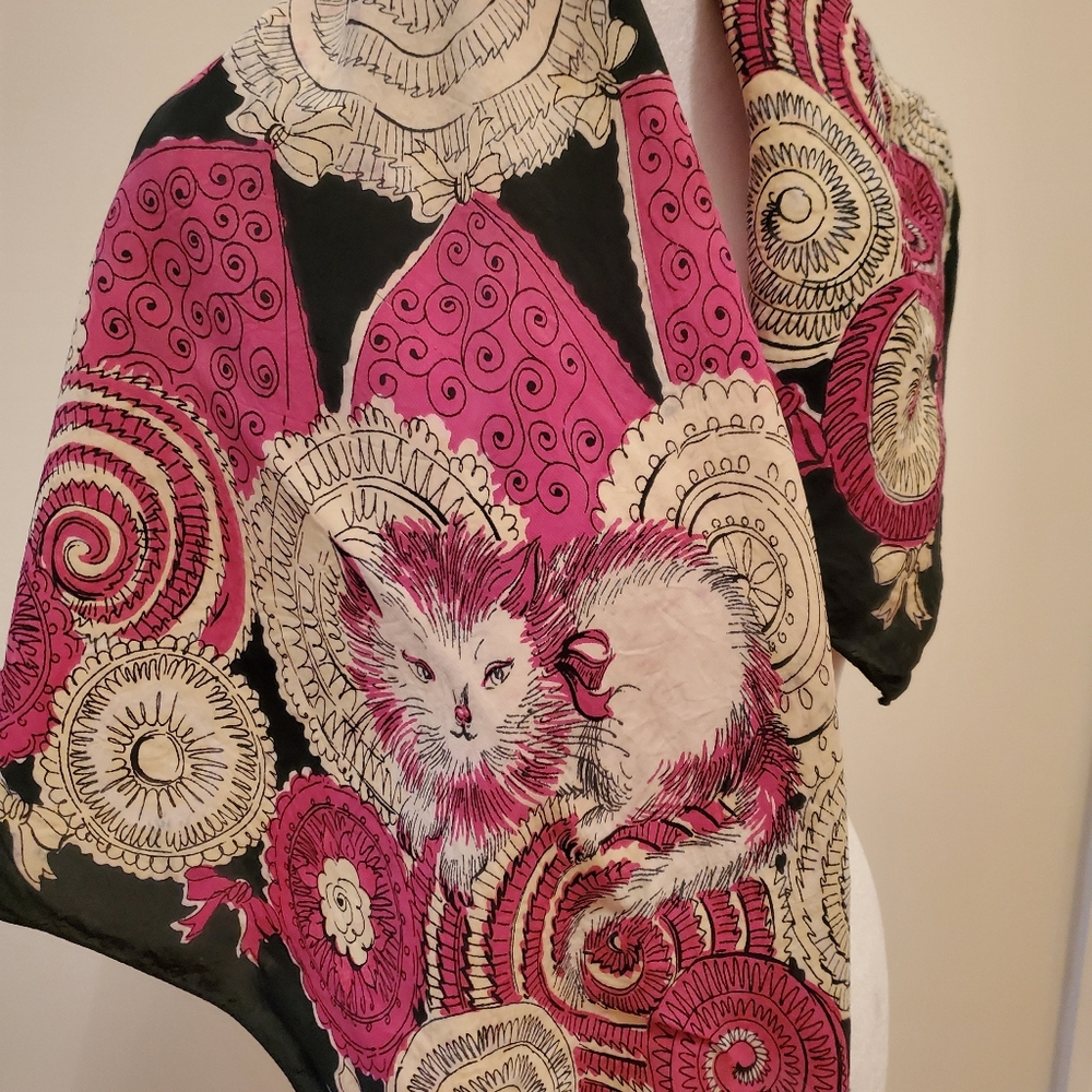 Scarf WHIMSICAL Pattern With Cats/Bows With Red/Cream Cotton Blend